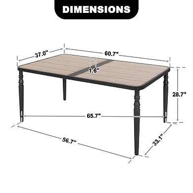 Outdoor 61'' x 37'' Rectangle Metal Dining Table with 1.6” Umbrella Hole, Wood-Grain Tabletop, Black