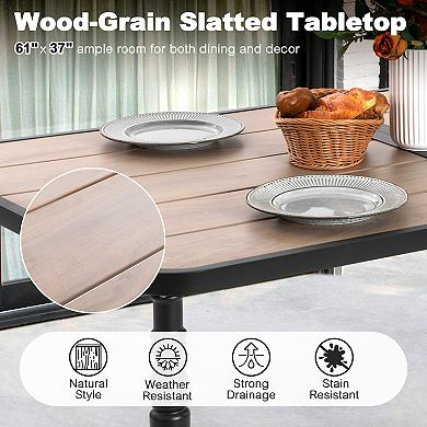 Outdoor 61'' x 37'' Rectangle Metal Dining Table with 1.6” Umbrella Hole, Wood-Grain Tabletop, Black