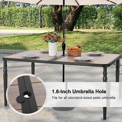 Outdoor 61'' x 37'' Rectangle Metal Dining Table with 1.6” Umbrella Hole, Wood-Grain Tabletop, Black