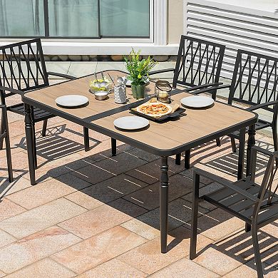 Outdoor 61'' x 37'' Rectangle Metal Dining Table with 1.6” Umbrella Hole, Wood-Grain Tabletop, Black