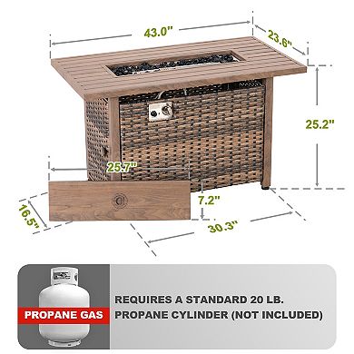 Outdoor 43’’ Rectangle Metal and Rattan Propane Gas Fire Pit Table with Lid and Glass Beads, Brown