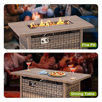 Outdoor 43’’ Rectangle Metal and Rattan Propane Gas Fire Pit Table with Lid and Glass Beads, Brown