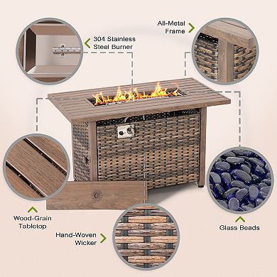 Outdoor 43’’ Rectangle Metal and Rattan Propane Gas Fire Pit Table with Lid and Glass Beads, Brown