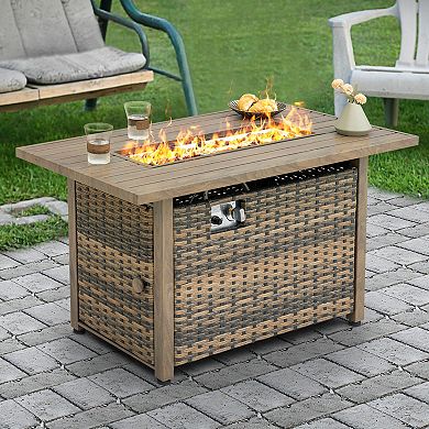 Outdoor 43’’ Rectangle Metal and Rattan Propane Gas Fire Pit Table with Lid and Glass Beads, Brown