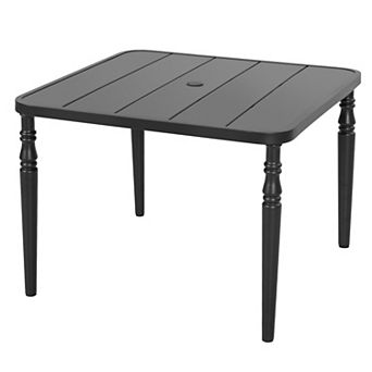 Outdoor 37'' Square Powder-Coated Metal Dining Table with Umbrella Hole, Slatted Tabletop, Black