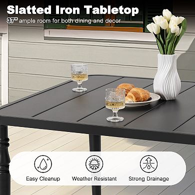 Outdoor 37'' Square Powder-Coated Metal Dining Table with Umbrella Hole, Slatted Tabletop, Black