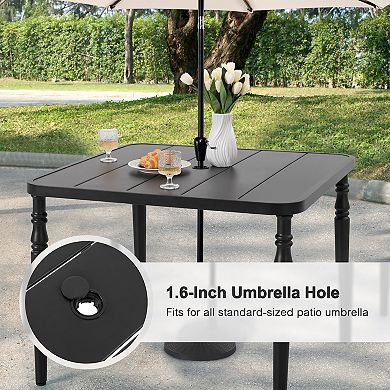 Outdoor 37'' Square Powder-Coated Metal Dining Table with Umbrella Hole, Slatted Tabletop, Black