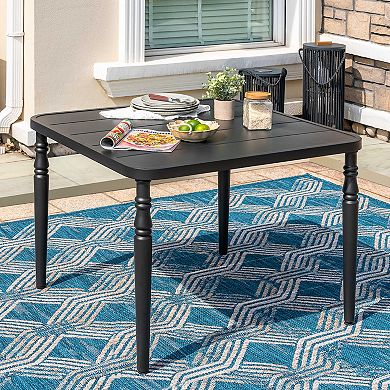 Outdoor 37'' Square Powder-Coated Metal Dining Table with Umbrella Hole, Slatted Tabletop, Black