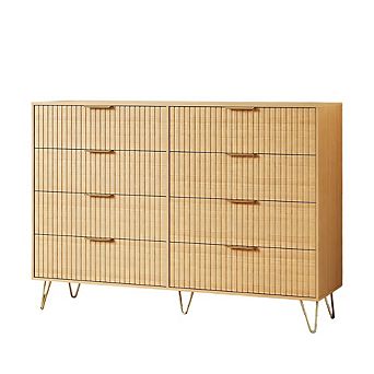 55" Wide 8-Drawer Fluted Dresser for Bedroom, Modern Wooden Chest with Metal Handles