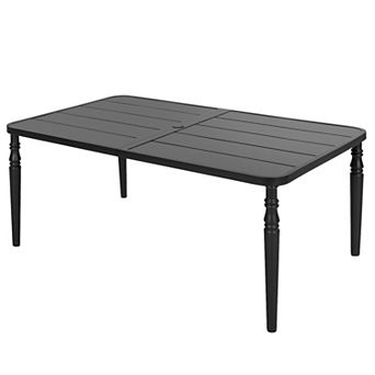 Outdoor Rectangle Iron Dining Table with Umbrella Hole, Powder-Coated Frame, Slatted Tabletop, Black