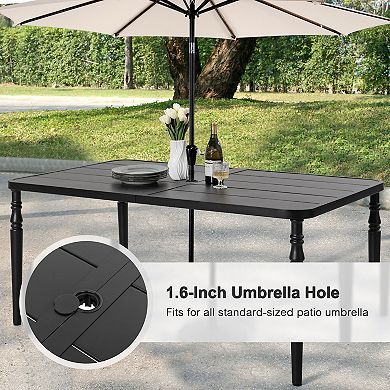 Outdoor Rectangle Iron Dining Table with Umbrella Hole, Powder-Coated Frame, Slatted Tabletop, Black