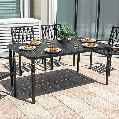 Outdoor Rectangle Iron Dining Table with Umbrella Hole, Powder-Coated Frame, Slatted Tabletop, Black