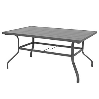 Outdoor Rectangle Powder-coated Iron Dining Table with 1.57'' Umbrella Hole, Slatted Tabletop, Gray