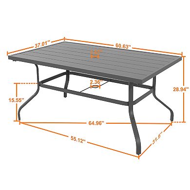 Outdoor Rectangle Powder-coated Iron Dining Table with 1.57'' Umbrella Hole, Slatted Tabletop, Gray
