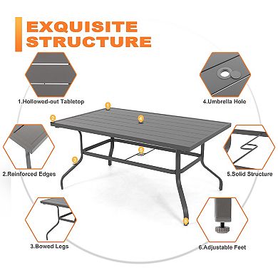 Outdoor Rectangle Powder-coated Iron Dining Table with 1.57'' Umbrella Hole, Slatted Tabletop, Gray
