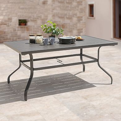 Outdoor Rectangle Powder-coated Iron Dining Table with 1.57'' Umbrella Hole, Slatted Tabletop, Gray