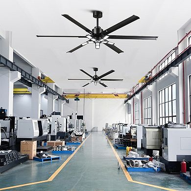 84" Industrial Matte Black HVLS Large Ceiling Fan with Foldable LED Light and Remote