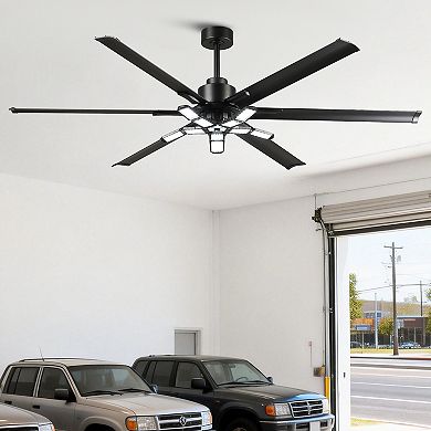 84" Industrial Matte Black HVLS Large Ceiling Fan with Foldable LED Light and Remote