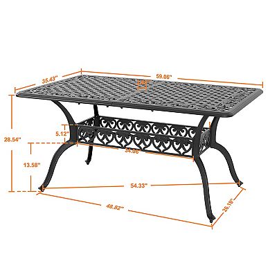 Outdoor 59'' Rectangle Cast Aluminum Dining Table with 2.1'' Umbrella Hole, Black with Gold Speckles