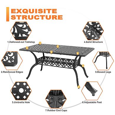 Outdoor 59'' Rectangle Cast Aluminum Dining Table with 2.1'' Umbrella Hole, Black with Gold Speckles
