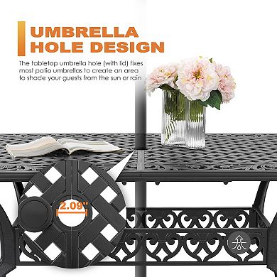 Outdoor 59'' Rectangle Cast Aluminum Dining Table with 2.1'' Umbrella Hole, Black with Gold Speckles