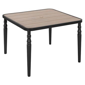 Outdoor 37'' Square Metal Dining Table with Umbrella Hole, Wood-Grain Tabletop, Black