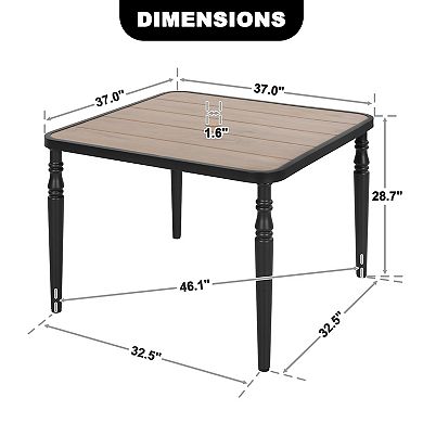 Outdoor 37'' Square Metal Dining Table with Umbrella Hole, Wood-Grain Tabletop, Black
