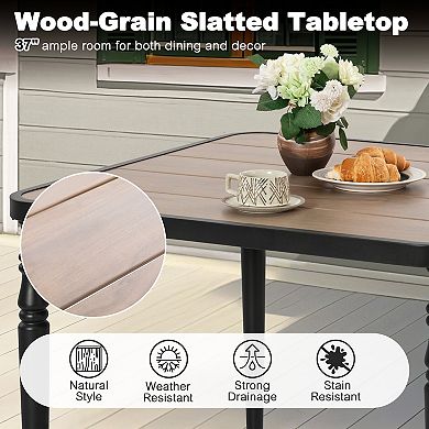 Outdoor 37'' Square Metal Dining Table with Umbrella Hole, Wood-Grain Tabletop, Black