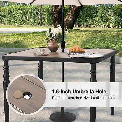 Outdoor 37'' Square Metal Dining Table with Umbrella Hole, Wood-Grain Tabletop, Black
