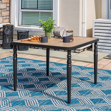 Outdoor 37'' Square Metal Dining Table with Umbrella Hole, Wood-Grain Tabletop, Black