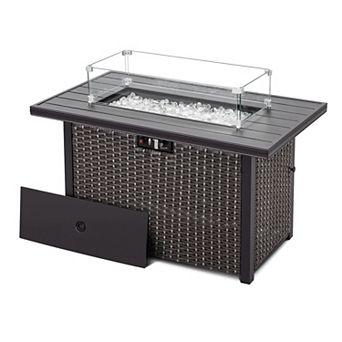 Outdoor Metal and Rattan Propane Gas Fire Pit Table, Cover, Wind Guard, Glass Beads, Lid, Dark Brown
