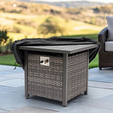 Outdoor Square Fire Pit Cover with Drawstring, Water-Resistant Oxford Fabric with PVC Coating, Black