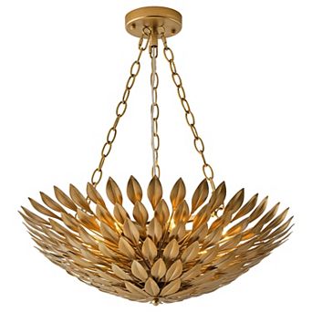 22" Vintage Gold Olive Leaf 6-Light Convertible Bowl Pendant Chandelier with Chain Hanging