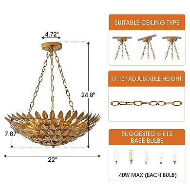 22" Vintage Gold Olive Leaf 6-Light Convertible Bowl Pendant Chandelier with Chain Hanging