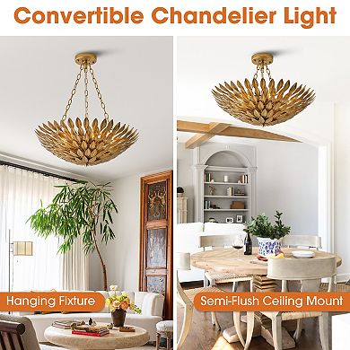 22" Vintage Gold Olive Leaf 6-Light Convertible Bowl Pendant Chandelier with Chain Hanging