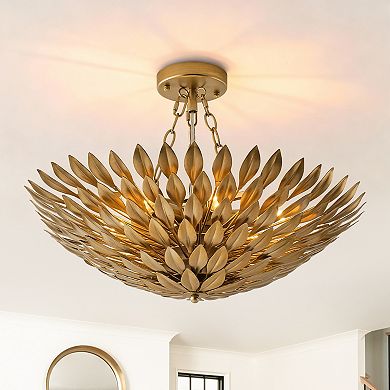 22" Vintage Gold Olive Leaf 6-Light Convertible Bowl Pendant Chandelier with Chain Hanging