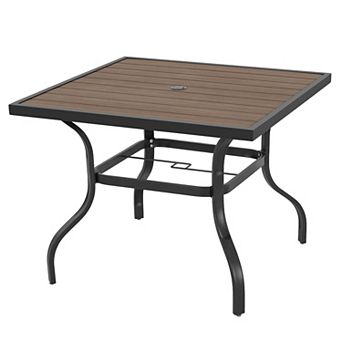 Outdoor Square Metal Dining Table with Umbrella Hole, Powder-Coated Frame, Faux Wood Tabletop, Black
