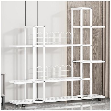 Tall Metal Plant Stand with Shelves and Rolling Wheels