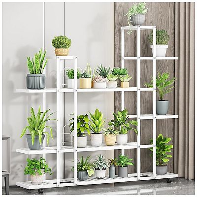 Tall Metal Plant Stand with Shelves and Rolling Wheels