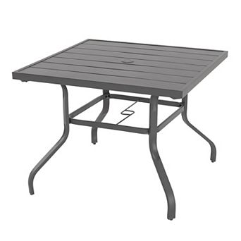 Outdoor 37 Inch Square Iron Dining Table with 1.57'' Umbrella Hole, Slatted Tabletop, Gray