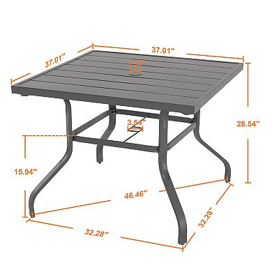 Outdoor 37 Inch Square Iron Dining Table with 1.57'' Umbrella Hole, Slatted Tabletop, Gray