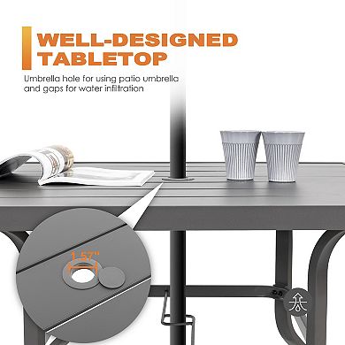 Outdoor 37 Inch Square Iron Dining Table with 1.57'' Umbrella Hole, Slatted Tabletop, Gray