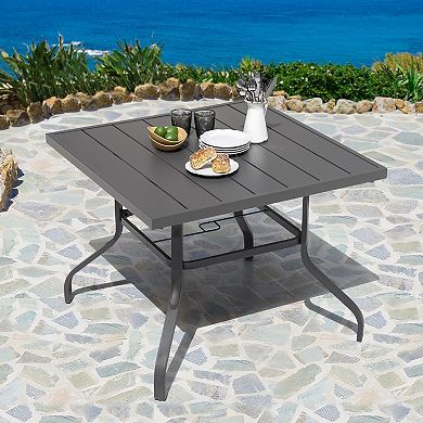 Outdoor 37 Inch Square Iron Dining Table with 1.57'' Umbrella Hole, Slatted Tabletop, Gray