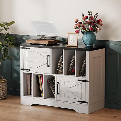 39" Large Record Player Stand, Farmhouse Wood Turntable Stand with Storage Cabinet