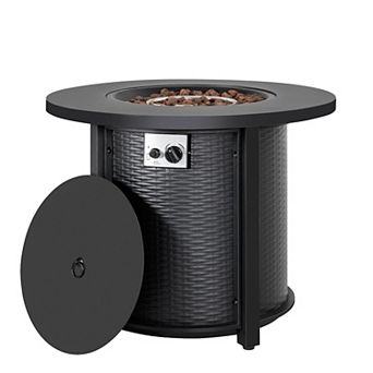 Outdoor Patio Metal 30'' Round Propane Gas Fire Pit Table with Lid and Lava Rocks, Black