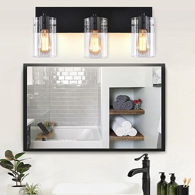 21" Modern Black 3-Light Reeded Glass Vanity Light Wall Sconce for Bathroom and Hallway