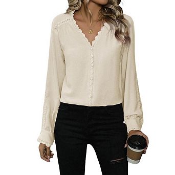 Women Classic V-Neck Lace Patchwork Long Sleeve Shirt Fashion Minimalist Casual Office Versatile Top