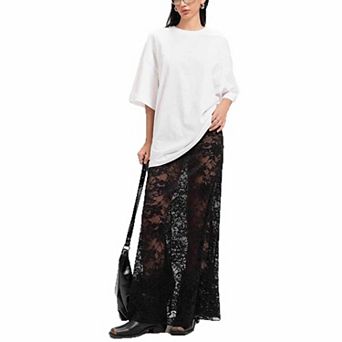 Women's Elegant High-Waisted Lace Midi Skirt Slim-Fit Sheer Casual Pencil Skirt