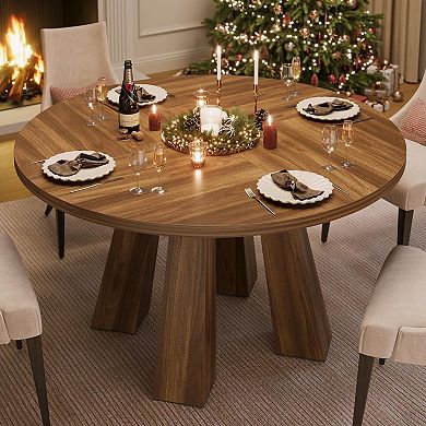 Round Farmhouse Dining Table for 6 with Sturdy Pedestal Base