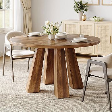 Round Farmhouse Dining Table for 6 with Sturdy Pedestal Base